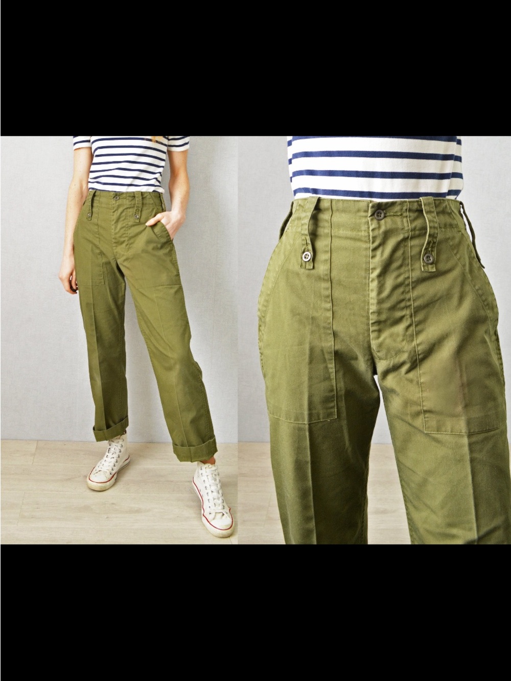 Vintage Olive Green Cargo Pants Unisex Adjustable Waist